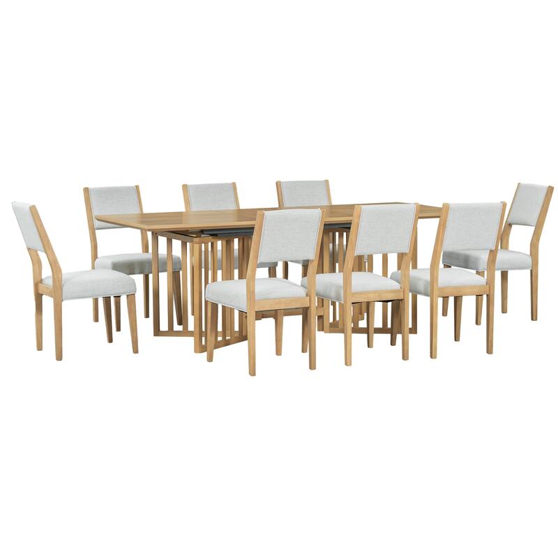 Roomfitters Farmhouse 9-Piece 83.9" Extendable Dining Set with 2 Removable Leaves and 8 Upholstered Chairs, Natural