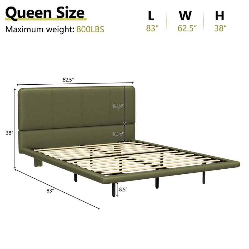 Modern Floating Platform Bed with LED Lights, PU Leather Upholstery, Queen Size, Easy Assembly