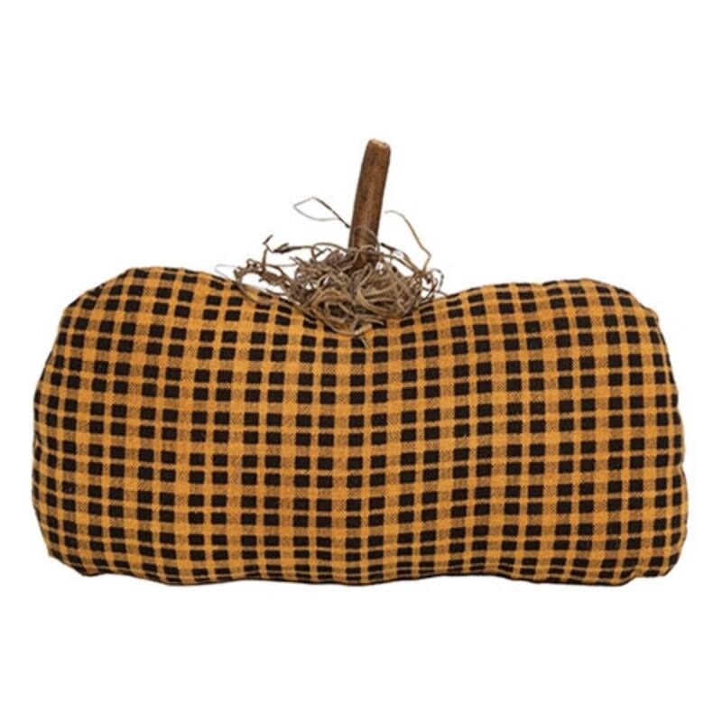 Stuffed Orange & Black Mini Check Long Primitive Pumpkin Sitter - 7" x 1.50" x 5" - Orange-Black
