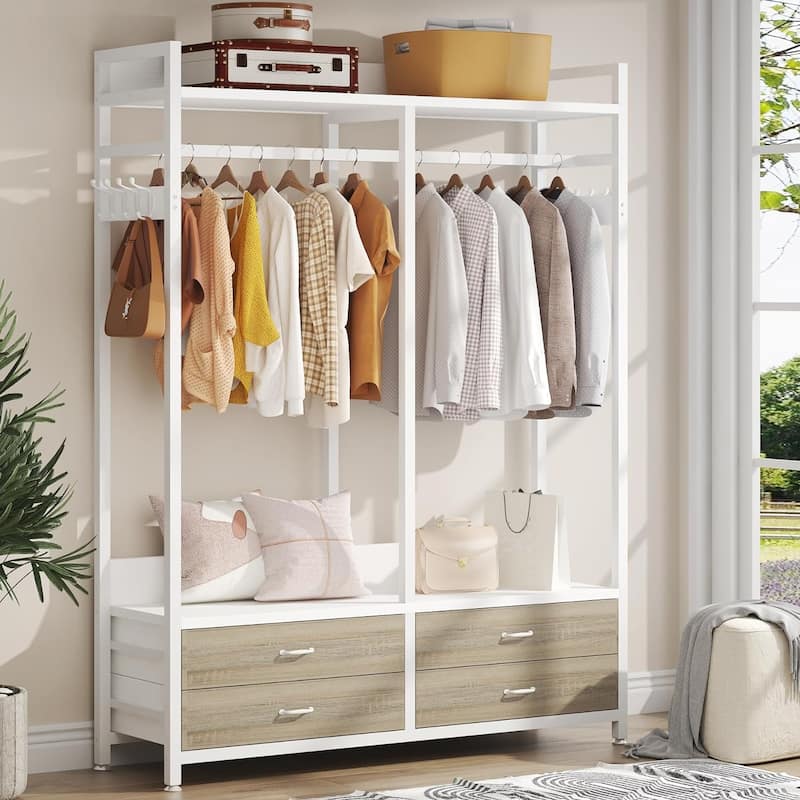 Freestanding Open Wardrobe Closet, Heavy Duty Garment Rack Closet Organizer, Rustic Brown - White