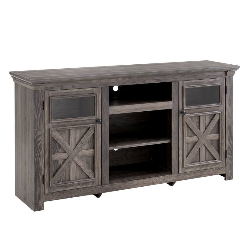 Farmhouse TV Stand, 2-Door Cabinet Media Stand with Barn Design and Open Shelving, for Living Room, Grey