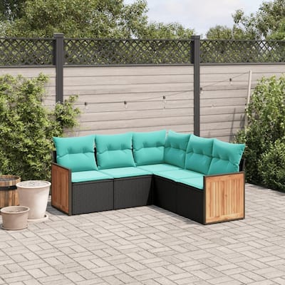 vidaXL 5 Piece Patio Sofa Set with Cushions Black Poly Rattan