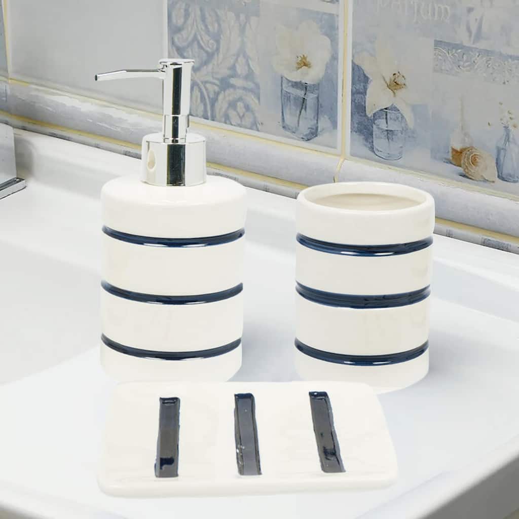 White Navy Blue Striped Dolomite Bathroom Accessories Set - Soap Dispenser, Soap Dish & Tumbler
