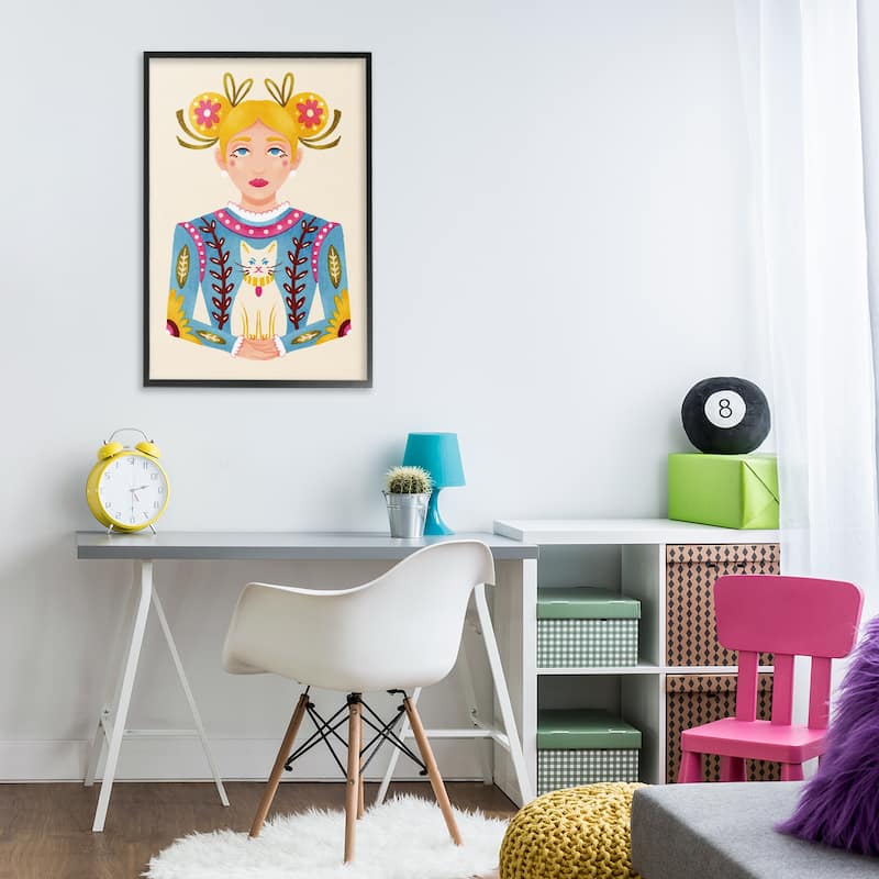Stupell Blonde Folk Girl with Cat Framed Giclee Art Design By Hannah Moren