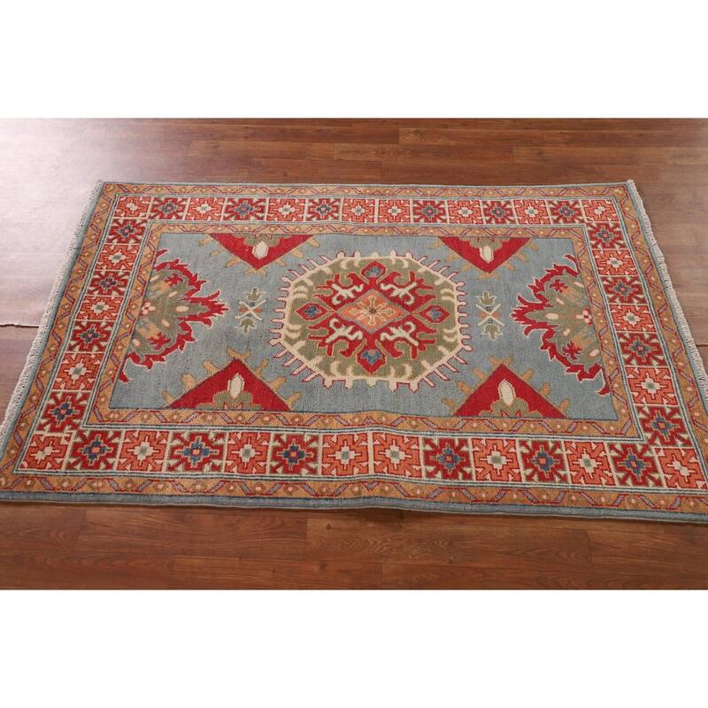 Geometric Kazak Accent Rug Hand-Knotted Oriental Blue Wool Carpet - 3'3"x 5'0"