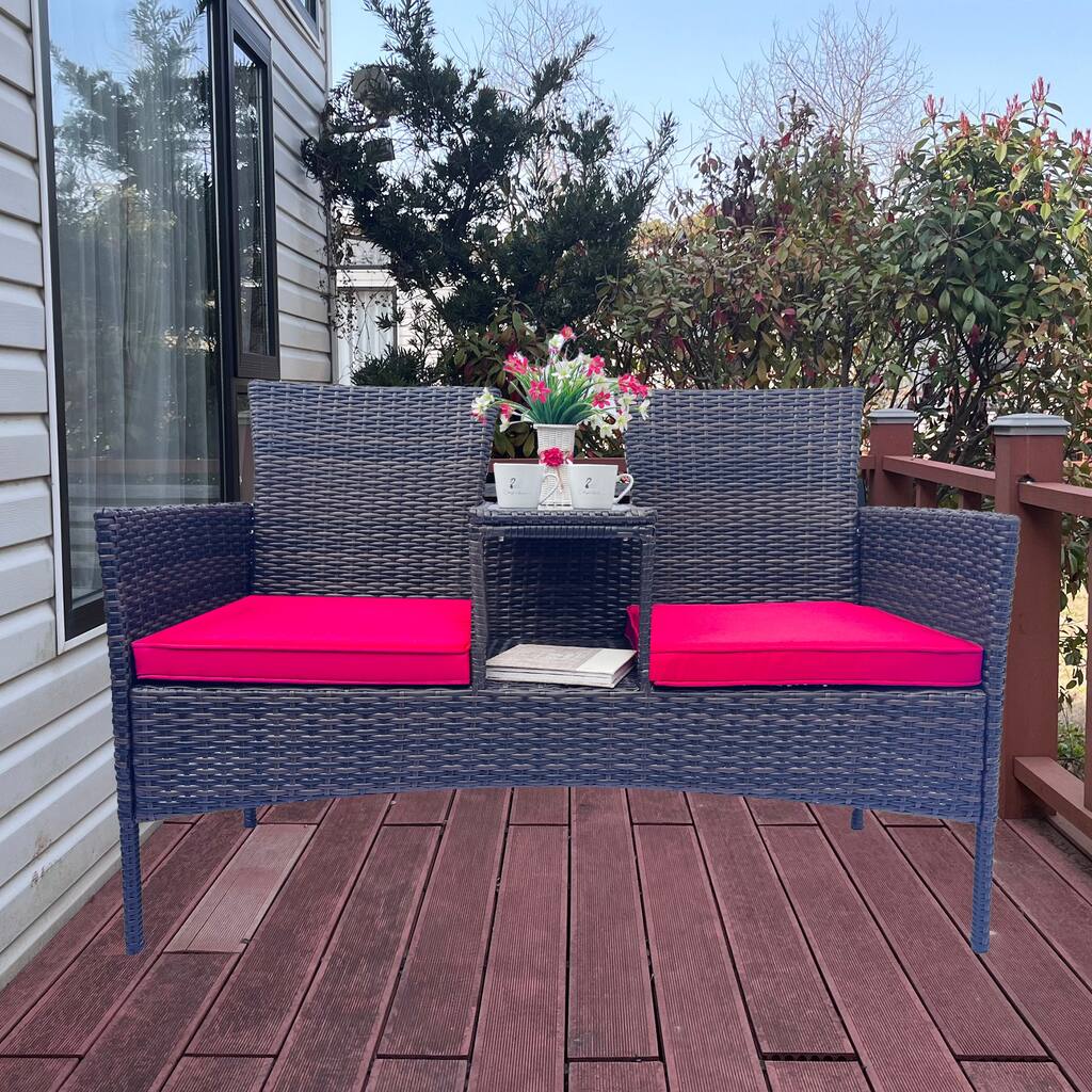Outdoor Patio Set,Wicker Furniture, Red with Cushions, Tempered Glass Table