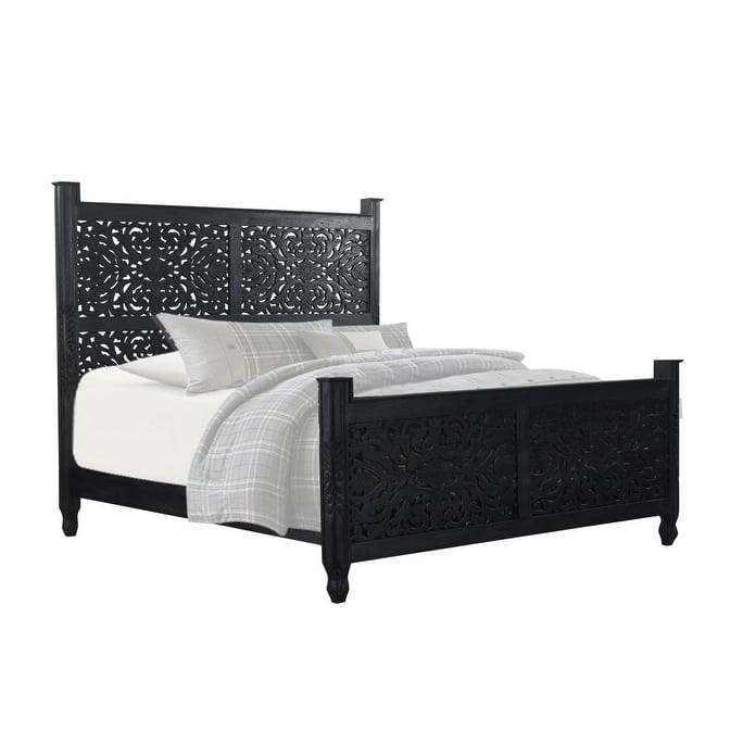 HomeRoots Carved Solid Wood King Black Bed