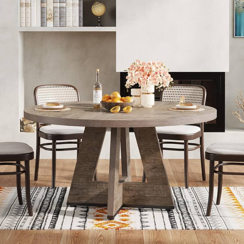 47" Round Dining Table for 4-6 People Rustic Wood Table with Pedestal Base for Kitchen Dining Room Living Room