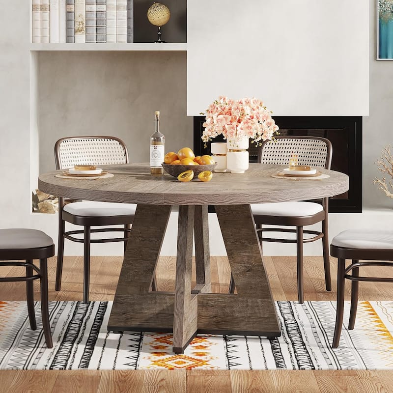 47" Round Wood Dining Table 4-Seater Farmhouse with Wooden Tabletop Cross Base for Dining Room/Kitchen