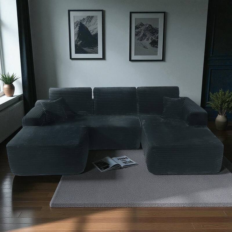 105.1" Cloud Modular Sectional Sofa with U-Shaped Chaise, Deep Seat Corduroy Upholstered Couch, No Assembly Required - Black
