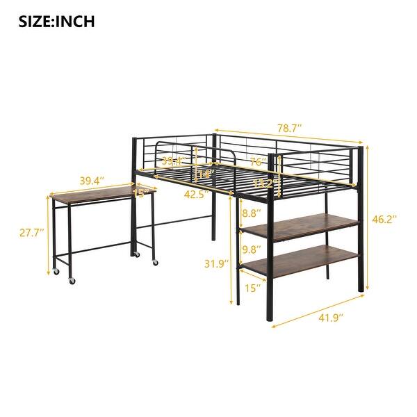 Twin Size Metal Loft Bed with 1 Rolling Desk and 2 Shelves, Black