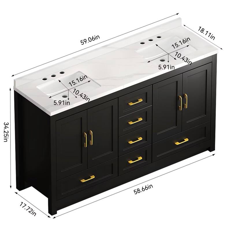 60" Bathroom Vanity Abundant Storage Cabinet - 4 Soft Close Doors and 5 Drawers