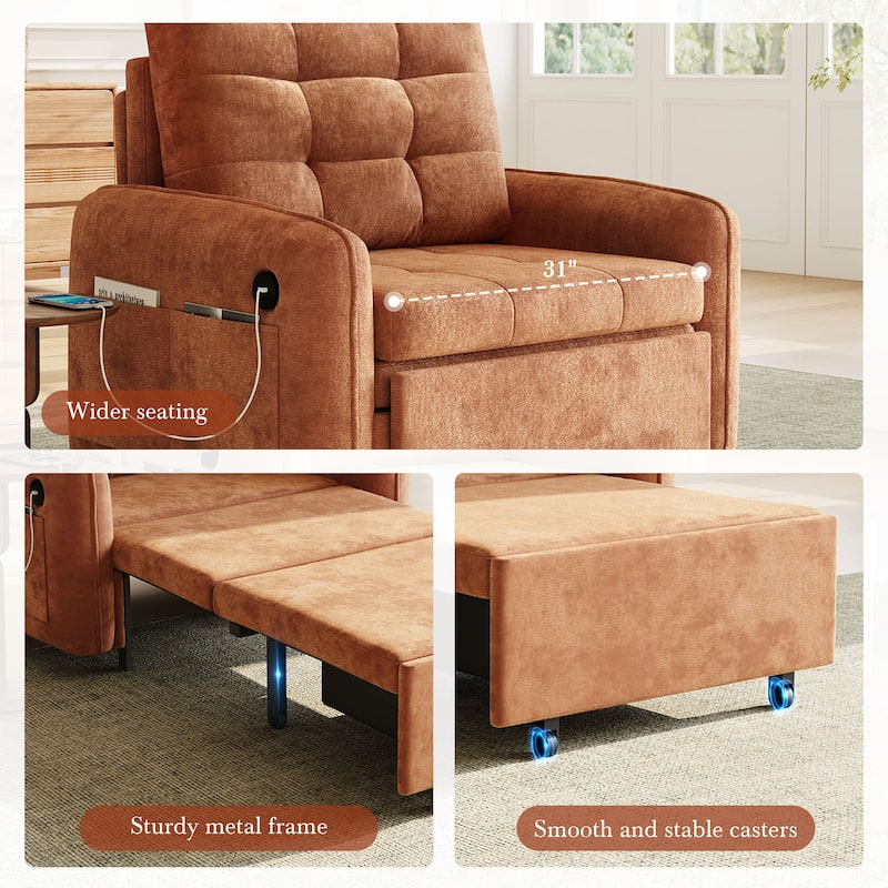 3-in-1 Chenille Accent Chair Convertible Sleeper Sofa Bed, 80" Extra Long Pull-out Chair Bed with USB and Type-C Ports