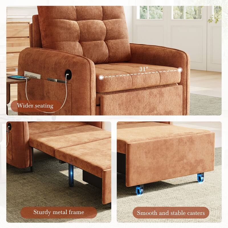 Roomfitters 3-in-1 Sleeper Chair Bed, 80'' Pull Out Lounge with USB Charging, Storage Pockets, Chenille