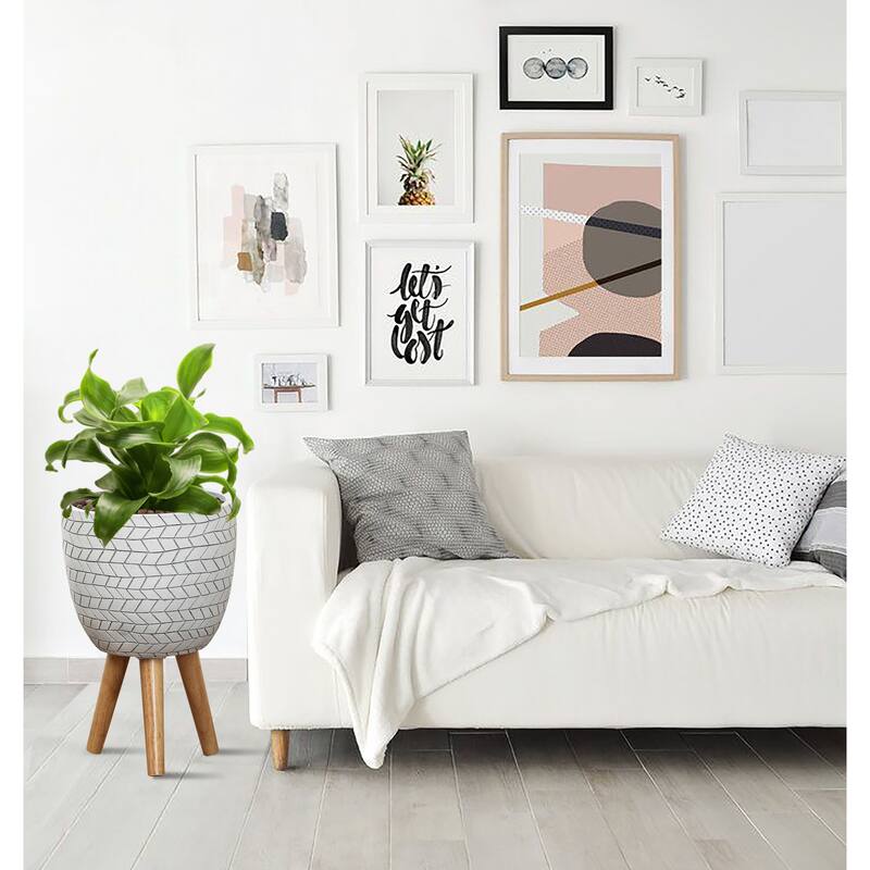 Cube Design White Round MgO Planter with Wood Legs