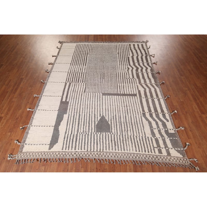 Striped Moroccan Oriental Area Rug Hand-Knotted Wool Carpet - 7'11"x 10'8"