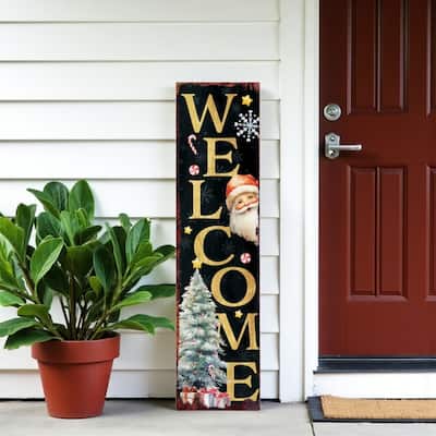 HomeRoots 36" Black Gold And Red Solid Wood Welcome Christmas Santa Porch Sign