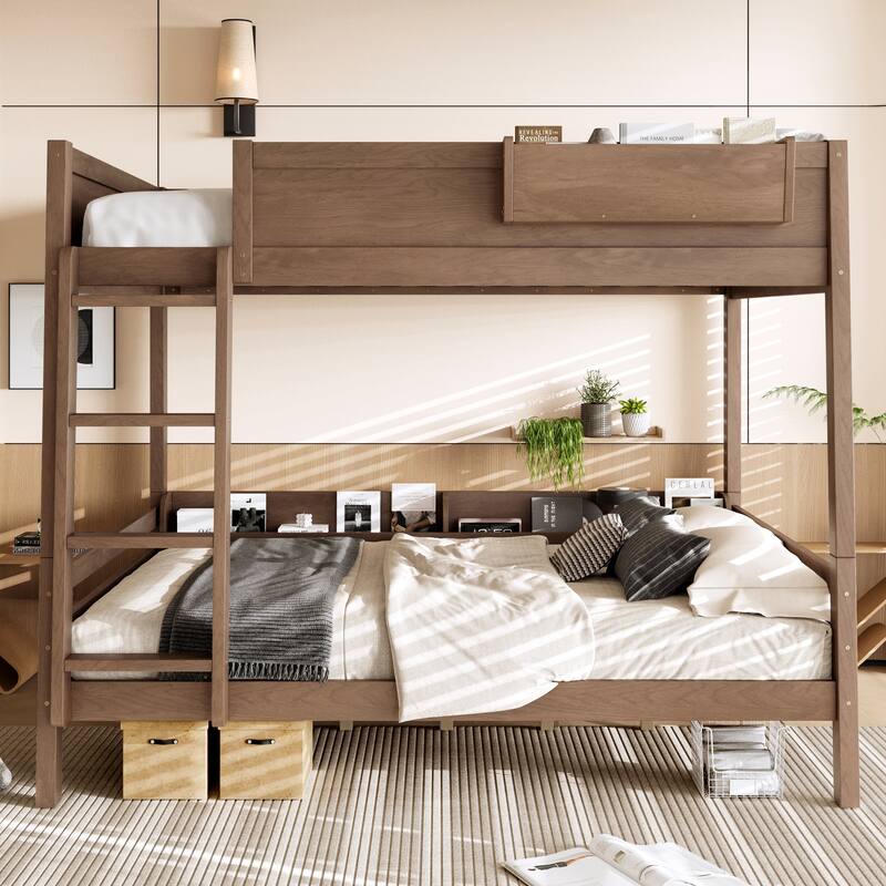 Queen Bunk Bed With Storage Shelf and Bookshelf,Wood Bunk Bed with Ladder and Guardrails,Detachable Design