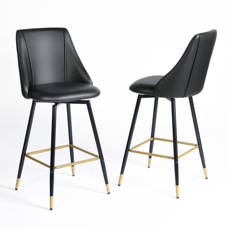 Homy Casa Set of 2 Faux Leather Counter Stools with Backrest and Gold-Tipped Metal Legs-Ideal for Modern Kitchens and Home Bars - Black