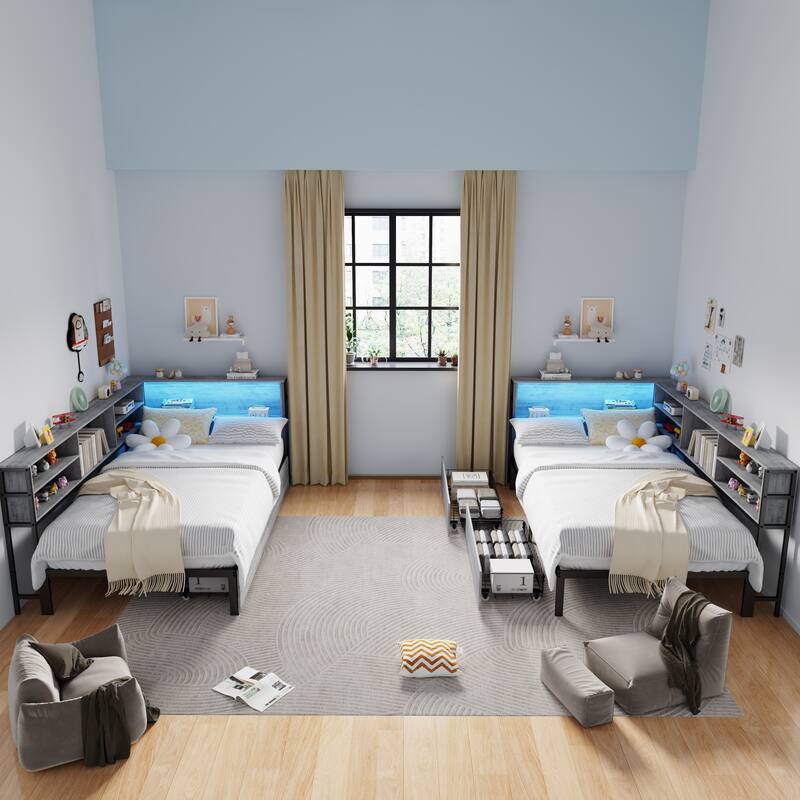 Twin Corner Daybed with Storage Drawers, Bookcase Headboard, LED Lighting & USB Charging Station