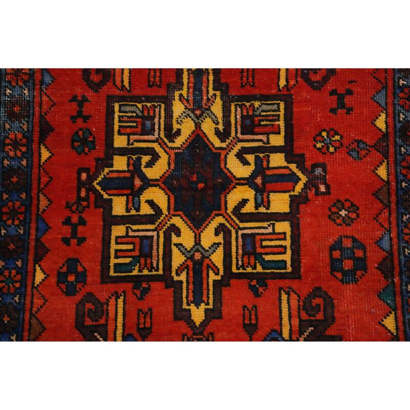 Hand Knotted Oriental 100% Wool Carpet Traditional Geometric Oranges & Rust Heriz Runner Rug - 14' 9'' X 3' 0''