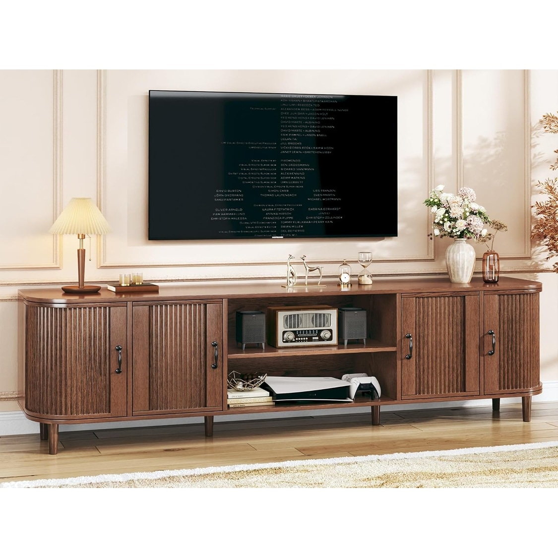 TV Stand for 75 inch, Mid Century Modern Design with Fluted Doors & Open Shelves, Walnut Finish