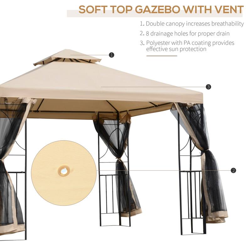 10' x 10' Outdoor Gazebo with Vented Roof, Corner Shelves, and Mesh Netting for Garden and Backyard
