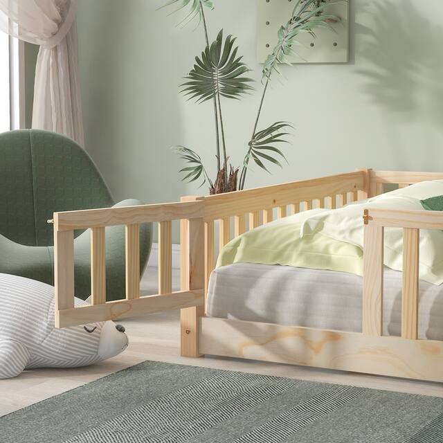 Twin/Full/Queen size Floor Platform Bed with Fence and Door for Kids, Toddlers