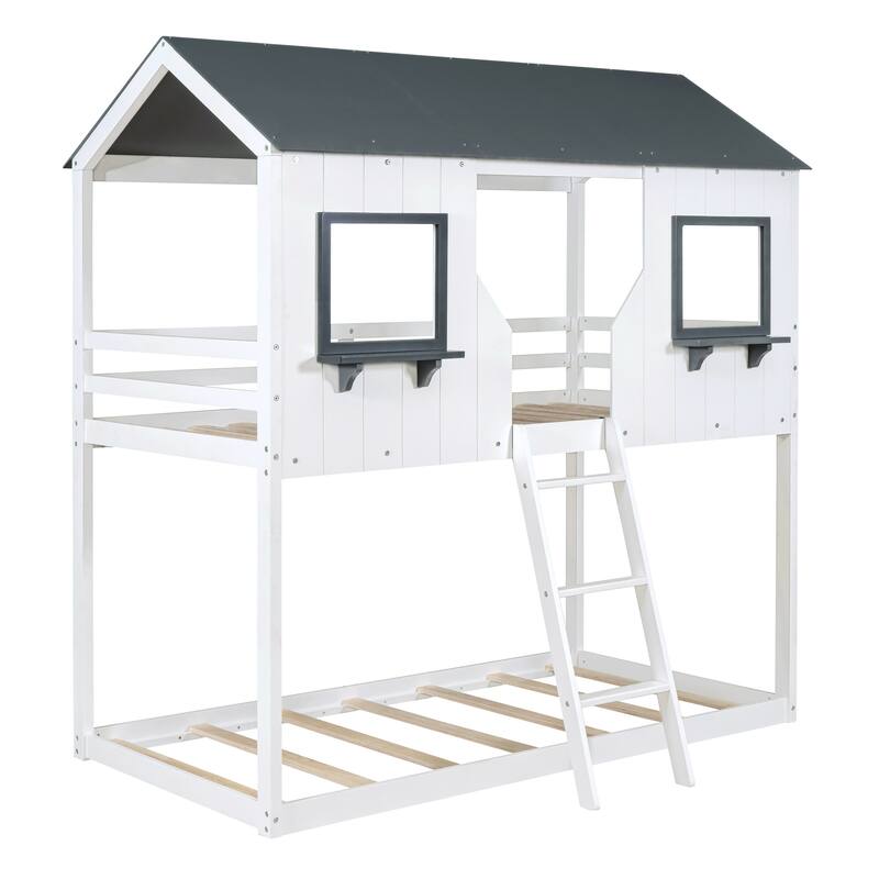 Twin Over Twin House Bunk Beds with Roof and Window, Floor Bunk Bed, Wooden Playhouse Bedframe with Safety Guardrails and Ladder