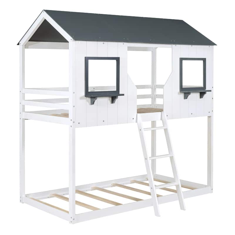Twin Over Twin Size Bunk Platform Bed Frame with Roof and Window, Fun Playhouse Design with Guardrails, Bedroom Furniture