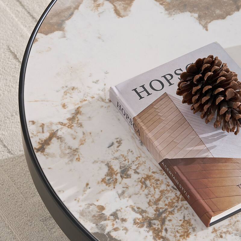 Nesting Round Coffee Table Set with Sintered Stone Tabletop, Modern Living Room Center Table