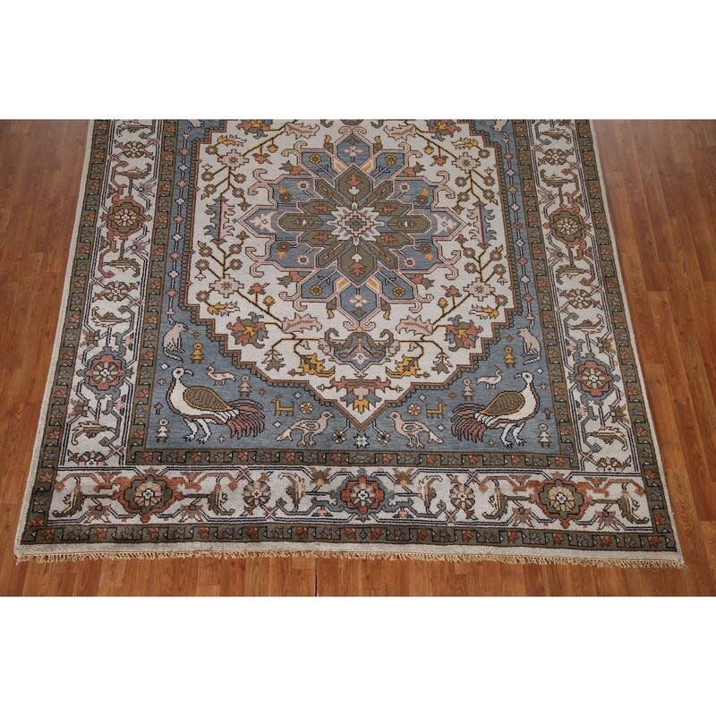 Animal Pictorial Heriz Serapi Indian Area Rug Handmade Wool Carpet - 7'10"x 9'7"