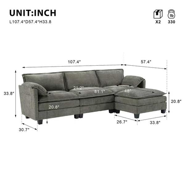 dimension image slide 0 of 2, L-Shaped Corduroy Corner Sofa with Storage Armrest Cushions, Modular Cloud Sofa, 3-Seat Sectional