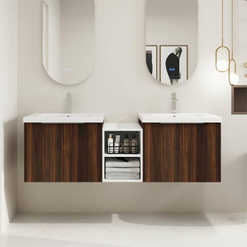 BNK 12/24/36/48/60 Inch Wall-Mounted Bathroom Vanity, Bathroom Cabinet with Doors or Side Shelves - 59.4''W - CaliforniaWalnut