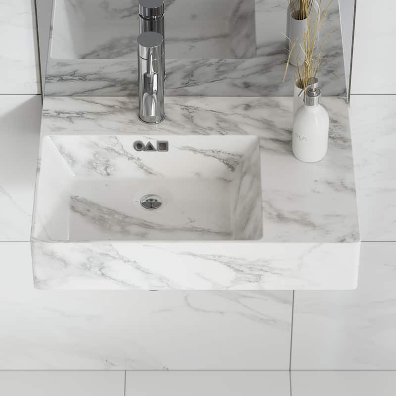 Angers 24" Left Side Faucet Wall-Mount Bathroom Sink In White Marble - 23.63" x 16.13" 5.75"
