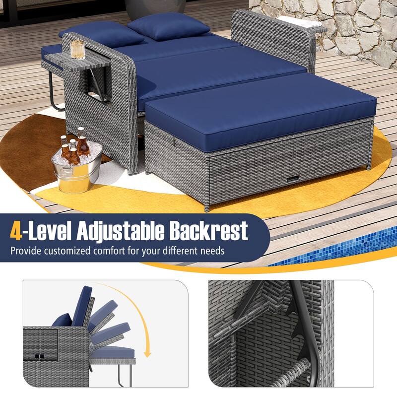 Gymax Rattan Daybed Wicker Loveseat Sofa Set w/ Ottoman & Retractable