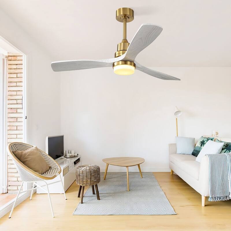 52 "W Farmhouse 6-Speed Adjustable Solid Wood Ceiling Fan Light with Remote Control - White/Gold