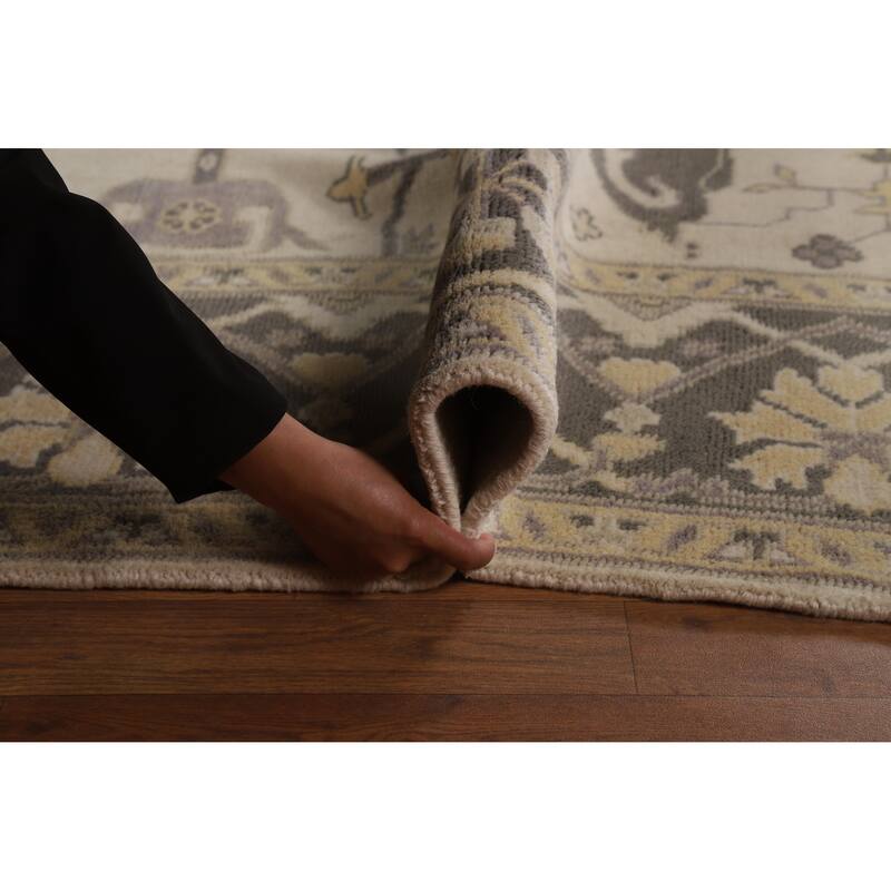 Floral Ivory Oushak Indian Area Rug Hand-Knotted Wool Carpet - 8'3" x 9'8"