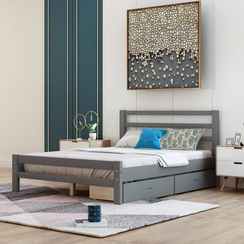 Full Wood Platform Bed With Two Drawers,Include Headboard And Footboard