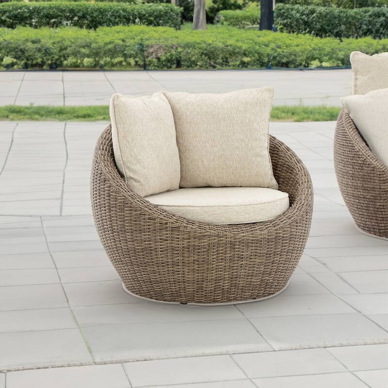 Swivel Outdoor Lounge Chair Set of 2, Beige Wicker, Nuvella Cushions