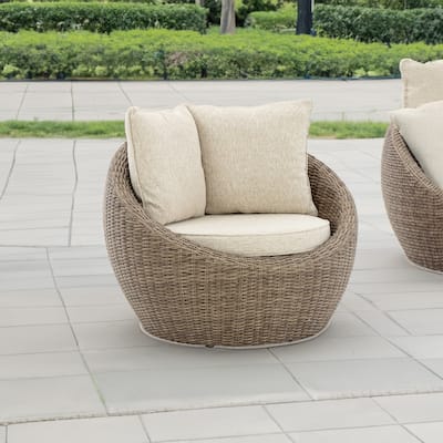 Swivel Outdoor Lounge Chair Set of 2, Beige Wicker, Nuvella Cushions