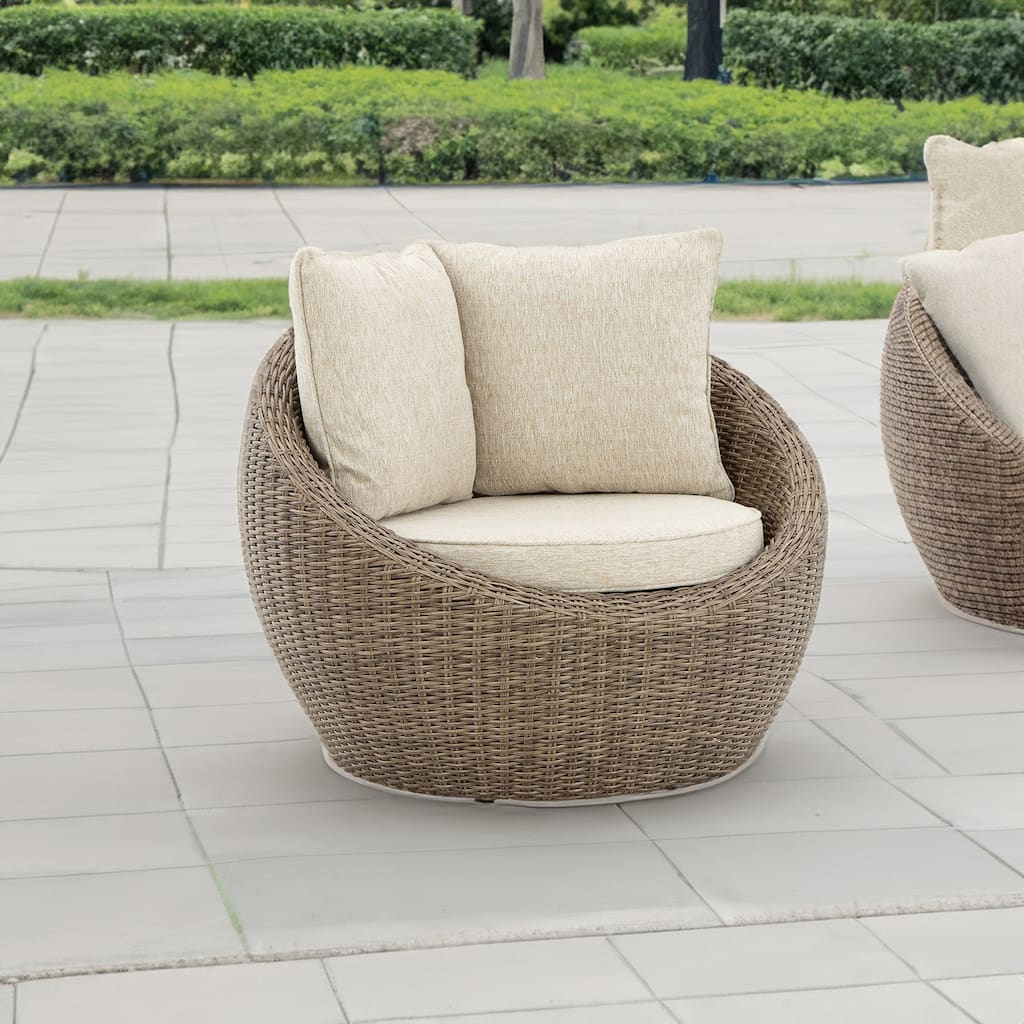 Swivel Outdoor Lounge Chair Set of 2, Beige Wicker, Nuvella Cushions
