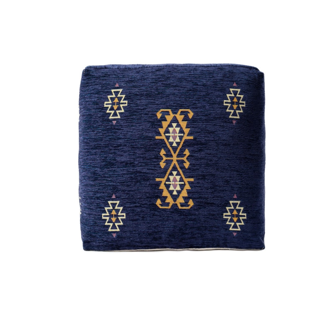 18-Inch Blue Upholstered Pouf Ottoman with Geometric Medallion Design Footrest or Seat Accent
