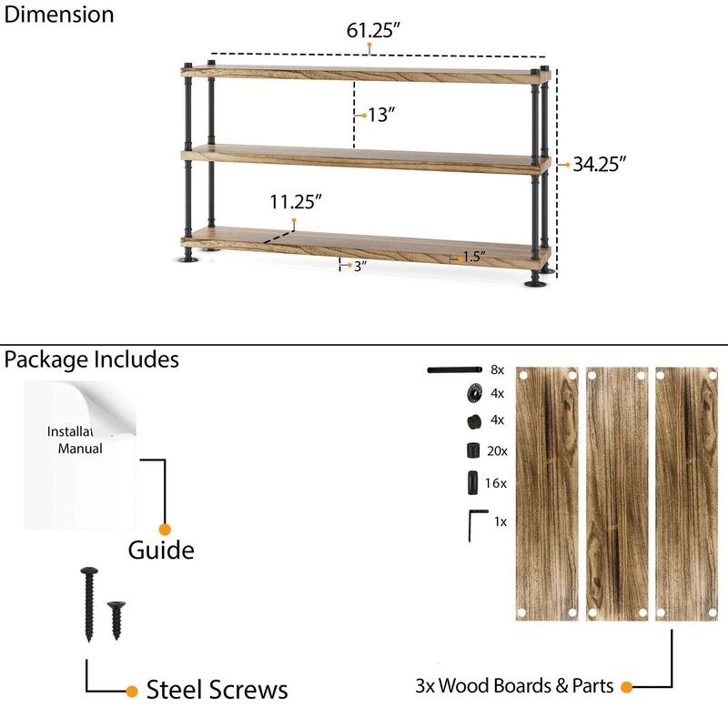 Wallniture 60 inch Long Pipe Bookcase, 11.25'' Deep & 1.5'' Thick Hanging Wood Shelf for Home Organization, Rustic Color, 3 Tier