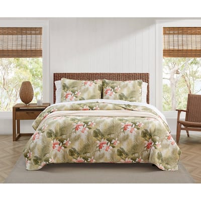 Tommy Bahama Tropical Orchid Green Cotton Reversible Quilt Set