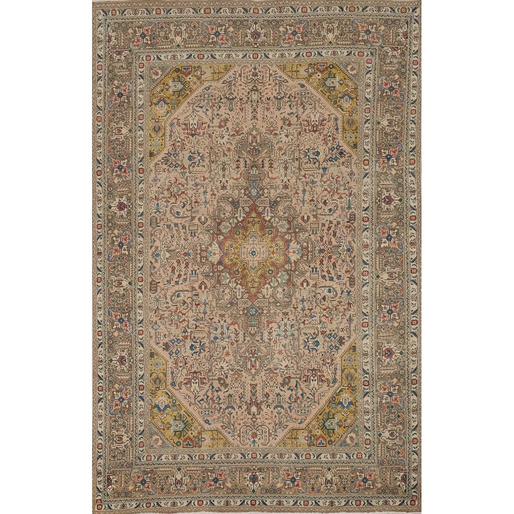 Hand Knotted Oriental 100% Wool Carpet Traditional Floral Pink Tabriz Area Rug - 9' 6'' X 6' 6''
