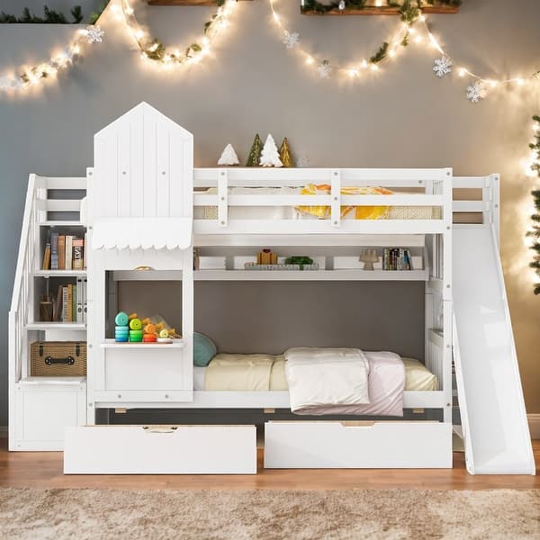 slide 2 of 9, Elegant Twin over Twin Bunk Bed With 2 Drawers,3 Shelves and Slide,Sturdy Frame,Kids Bedroom Sets