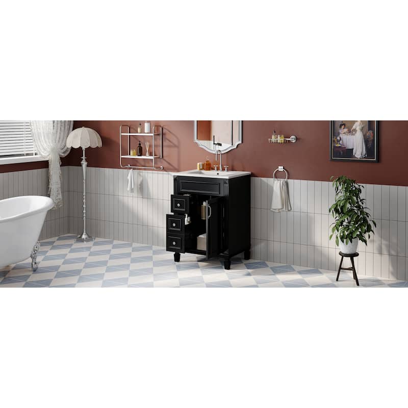 24" Bathroom Vanity With Ceramic Sink, Small Bathroom Sink Cabinet, Modern Cabinet With 2 Drawers And Adjustable Shelf