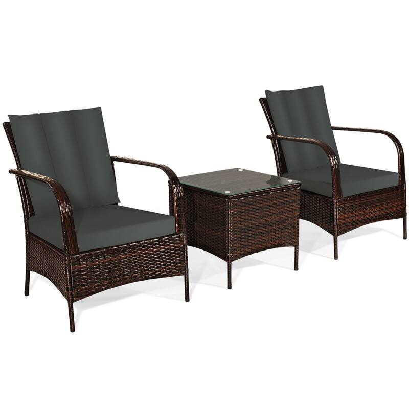 Gymax 3PCS Outdoor Patio Rattan Conversation Set Furniture Set w/