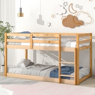 Natural Twin Wood Floor Bunk Bed with Ladder & Fence